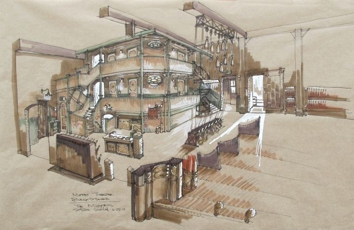 Hand-drawn production design sketch of an ornate theater interior
