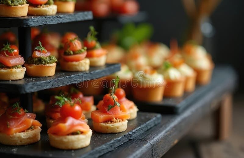 Elegant tomato and smoked salmon canapés arranged on tiered slate trays