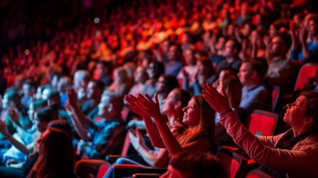 Film festival audience applauding in a dark, brightly lit theater